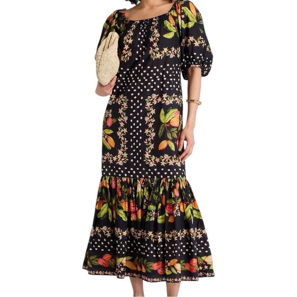 FARM Rio Dresses & Skirts - FARM RIO Cocoa Paradise Maxi Black Tropical Floral Puff Sleeve Dress Size Small